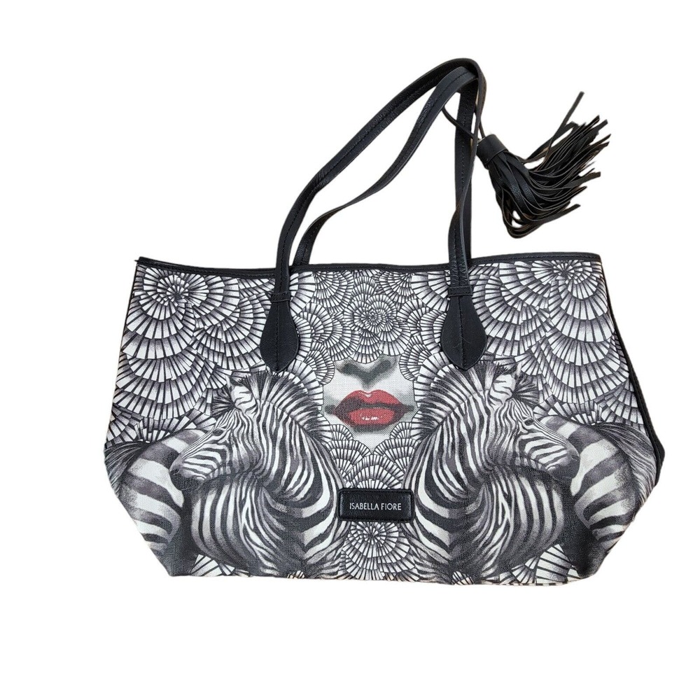 ISABELLA FIORE Graphic Tote Lips Zebra Animal Print Tassel Shoulder Bag Y2k Shop